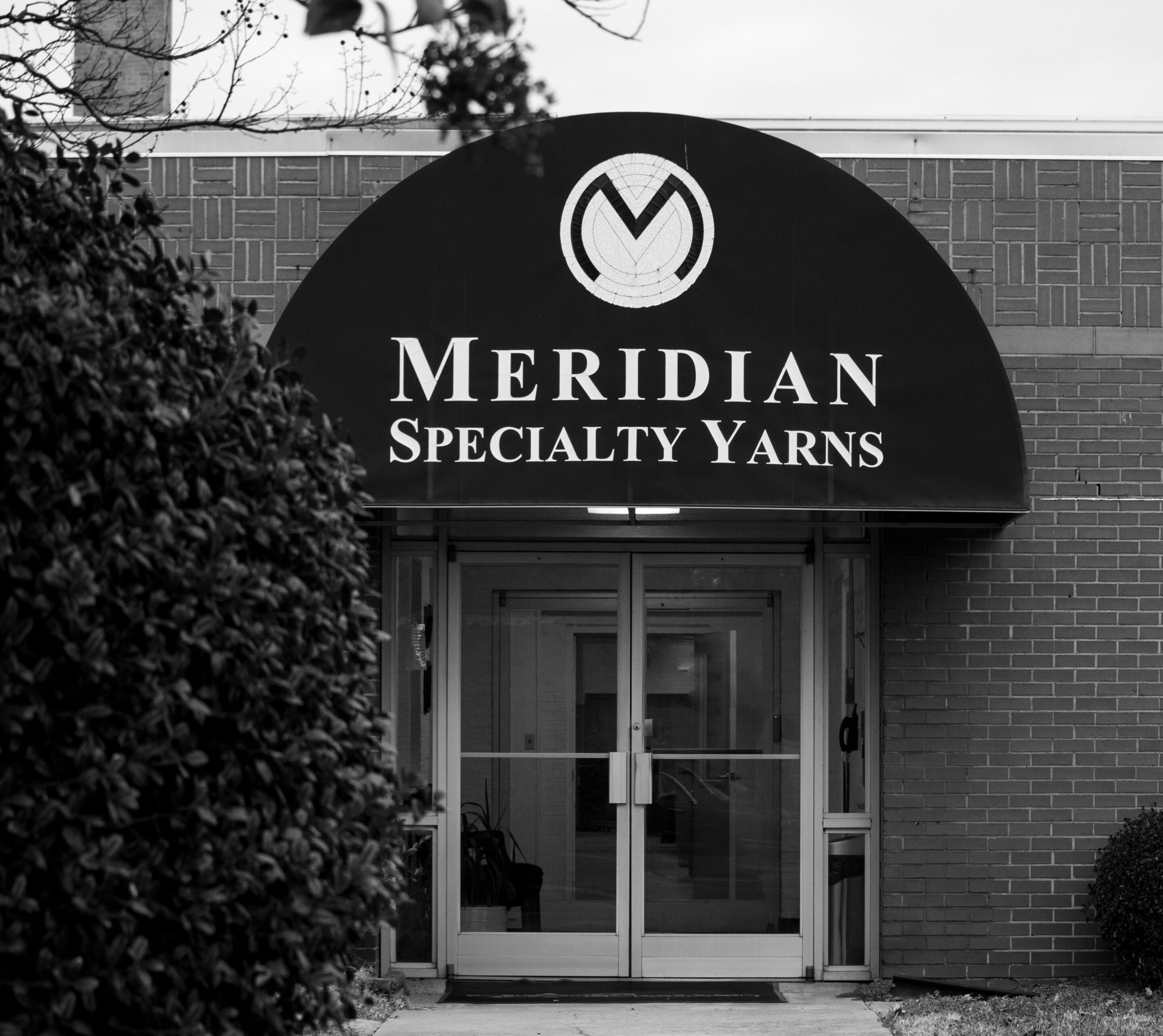 Curved storefront sign reading Meridian Specialty Yarns with circular logo above glass doors.