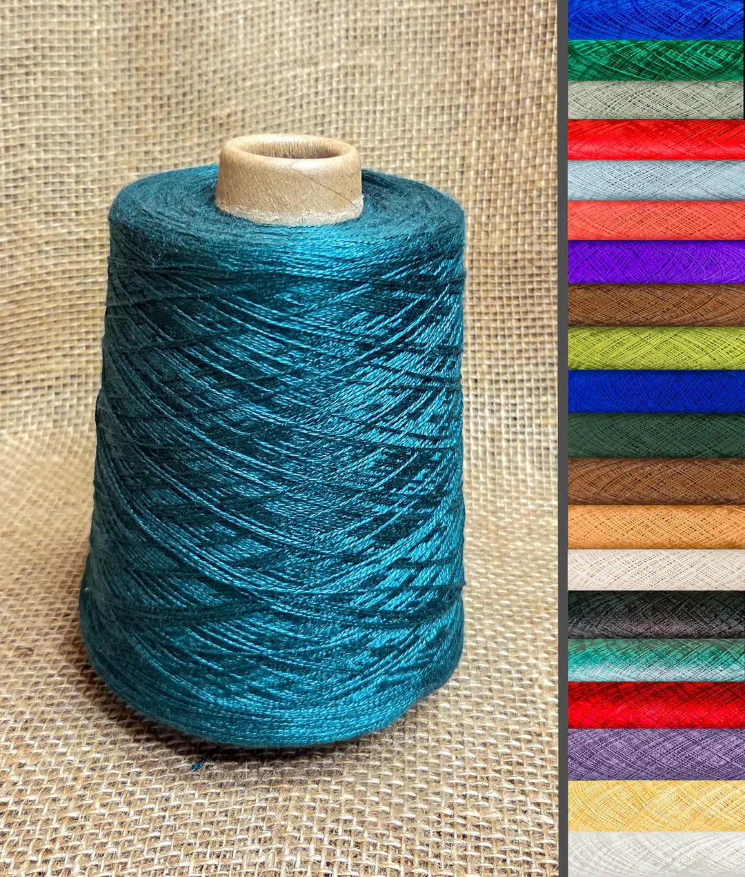 Teal thread spool on burlap with a vertical strip of colorful thread swatches on the right.